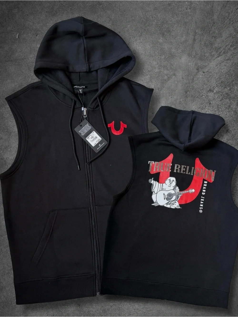 True Religion Men’s Black Muscle Zip-up Hoodie with Red Logo
